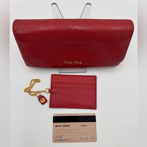 MIU MIU Leather Red long wallet n a detachable ID holder with Chain Like New